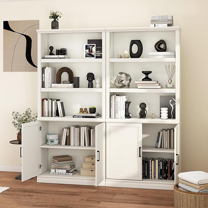 blini 5 Shelf Tall Bookcase with Doors White Bookshelf 31in Wide Display Standing Storage Shelf 72in Tall Wood Book Shelves for Bedroom Living Room Office Library