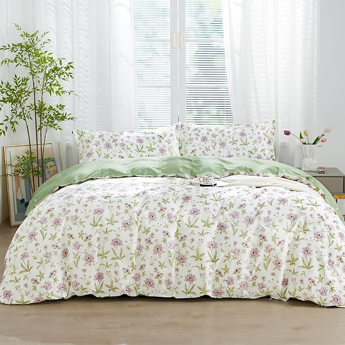 SAPHREAS Lavender Floral Duvet Cover Set Full Size 3pcs Pink Floral Green Branches Bedding Comforter Cover Set 100% Cotton 1 Duvet Cover 90"x80" 2 Pillow Shams, Comforter Not Included