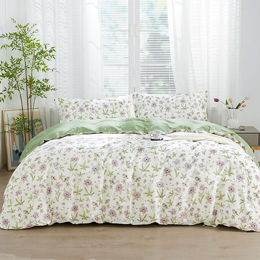 SAPHREAS Lavender Floral Duvet Cover Set Full Size 3pcs Pink Floral Green Branches Bedding Comforter Cover Set 100% Cotton 1 Duvet Cover 90"x80" 2 Pillow Shams, Comforter Not Included
