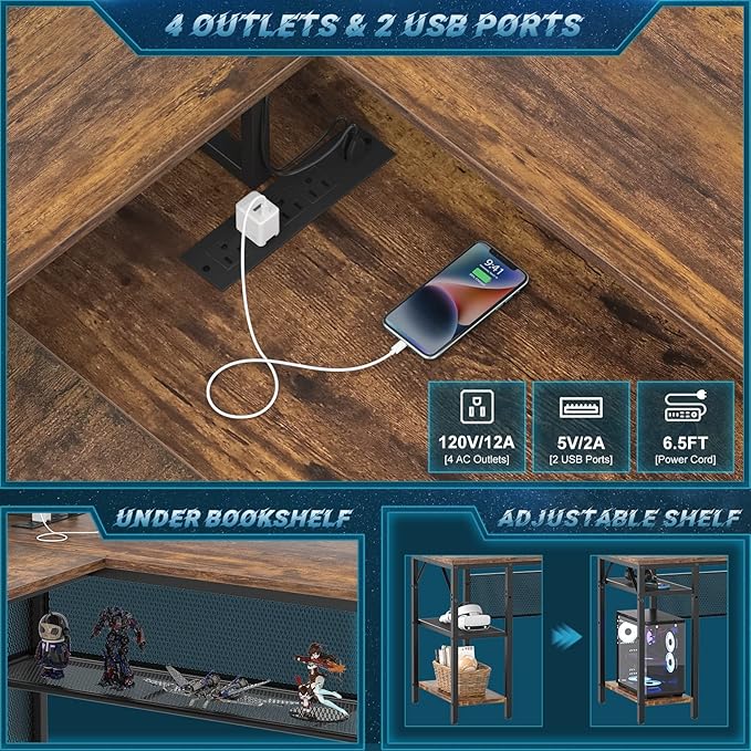 Unikito L Shaped Desk with LED Light and Power Outlet, Reversible Corner Computer Table with Monitor Stand and Storage Shelf, Modern L- Shaped Gaming Desk, Ergonomic Home Office Desk, Rustic Brown