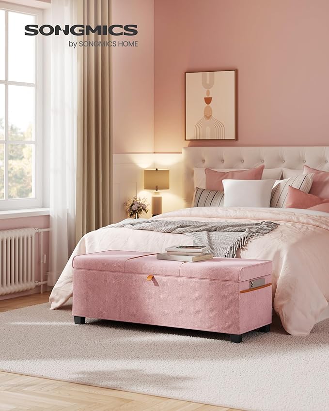 SONGMICS Storage Ottoman Bench, Storage Chest, 15.7 x 43.3 x 15.7 Inches, End of Bed Bench, 27 Gal. (103 L), for Bedroom, Entryway, Living Room, Jelly Pink ULSF533R01