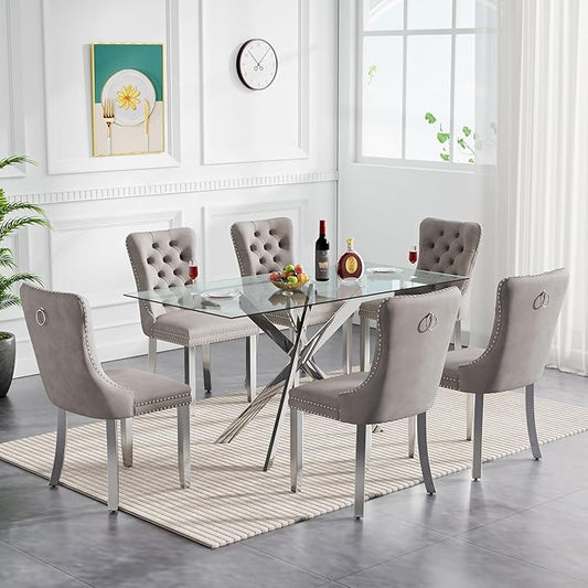 Goujxcy Glass Dining Table Set for 6, Modern Kitchen Table and Chairs Set of 6, 7-Piece Kitchen Dining Room Table Set w/51 Glass Metal Dining Table and 6 Grey Velvet Upholstered Chairs