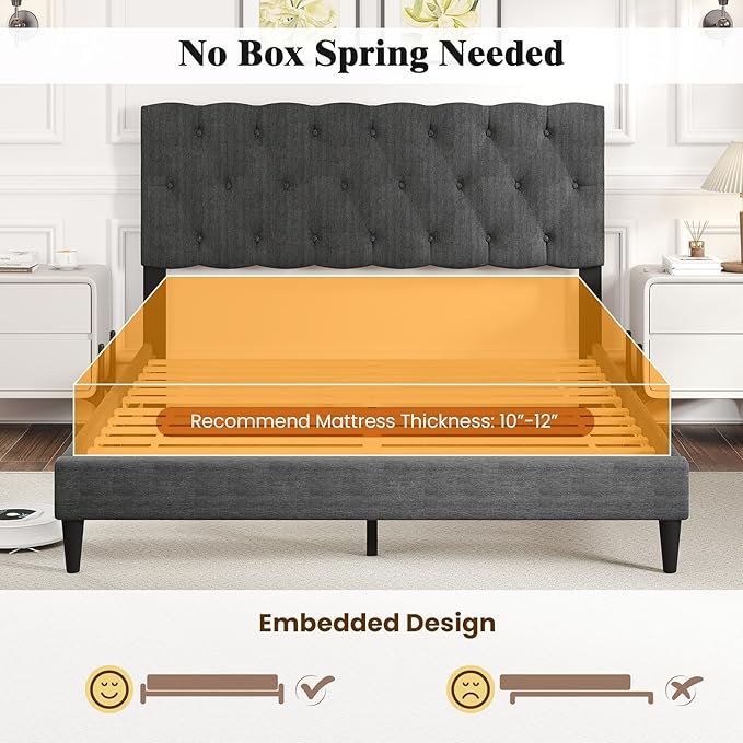 Giantex Full Size Platform Bed Frame, Modern Upholstered Bed Frame with Diamond Tufting Headboard, Wooden Slats Support, No Box Spring Needed, Gray