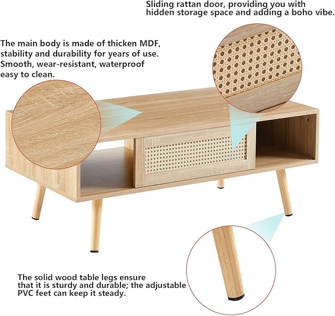 Rattan Coffee Table, 40.3" Mid Century Modern Coffee Table with Storage, Farmhouse Rectangle Wooden Accent Center Sofa Table with Rattan Sliding Door, for Living Room Christmas-Natural