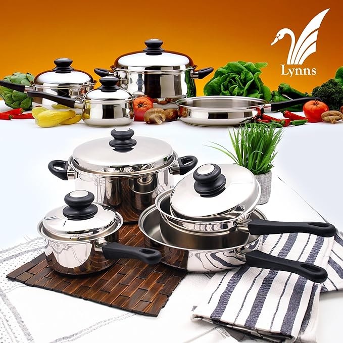 Tuxton Home Nevada 7 Piece Cookware set; Stainless Steel, PFTE & PFOA Free, Freezer to Oven Safe, Induction Compatible; 1QT & 2QT Saucepans, 5QT Dutch Oven, 10" Open Frypan
