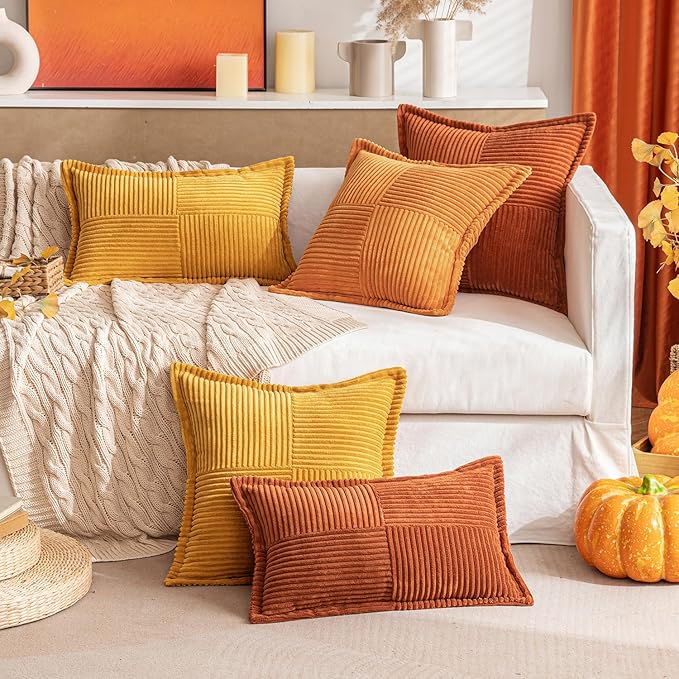 MIULEE Burnt Orange Fall Decorative Throw Pillow Covers for Couch Bed Livingroom 18x18 Inch Set of 2 Boho Accent Throw Pllows Broadside Striped Patchwork Soft Corduroy Pillowcases