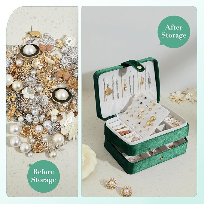 Velvet Small Jewelry Box for Women Girls, Double Layers Travel Portable Jewelry Case for Ring, Pendant, Earring, Necklace, Bracelet Organizer Storage Holder Boxes, Green