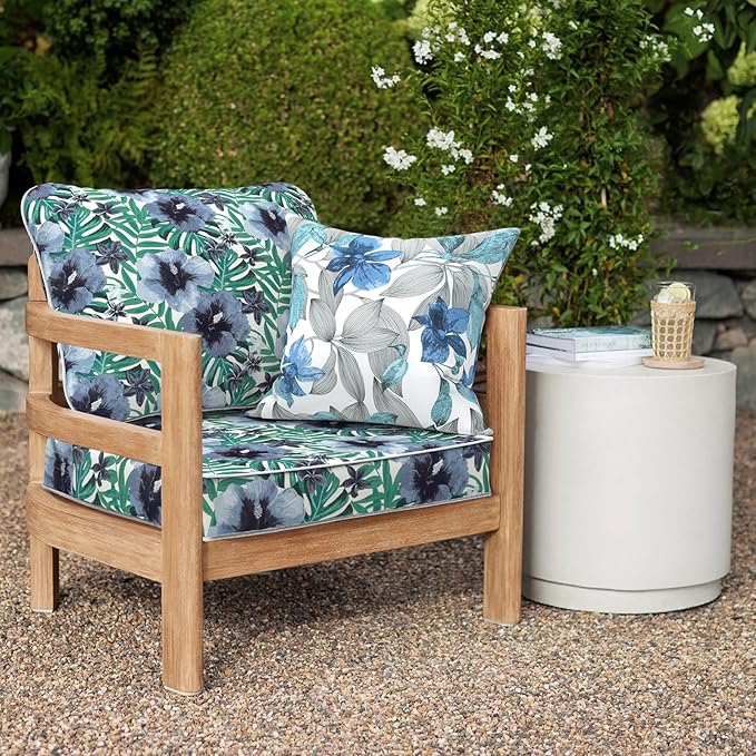 Outdoor Deep Seat Cushions Set 24 x 24 Inch for Patio Furniture,Water Resistant Chair Cushions Replacement Includes Seat Cushion & Back Pillow for Sofa, Wicker Chair - Blue Salmone Tropical