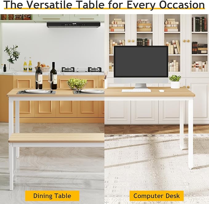 Rovibek 43" Dining Table Benches Set for 4, Modern Space Saving Kitchen Table Chairs & Adjustable Feet Breakfast Table 2 Benches, Wooden Industrial Style Farmhouse, White