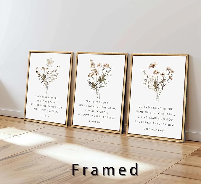 Framed Wildflower Bible Floral Canvas Wall Art Christian Verses Floral Paintings Pictures Decor Botanical Scripture Room Posters Prints for Bedroom Living Room Office Christian Scene Home Decorate