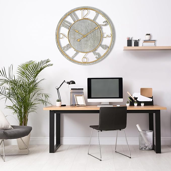 Sorbus 24-Inch Large Wall Clock – Wooden Decorative Clock for Living Room, Kitchen, Bedroom, Office – Easy to Hang Analog Wall Art (Grey)