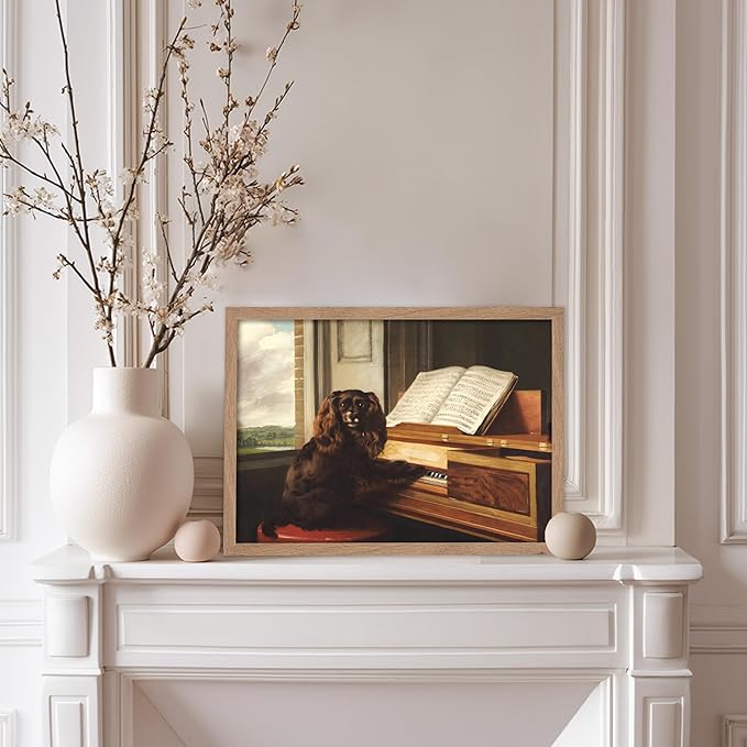 Poster Master Vintage Portrait of an Extraordinary Musical Dog Poster - Retro Dog Print - Puppy Art - Music Art - Piano Art - Animal Lover Art - Living Room or Office Decor, 8x10 Beige Framed
