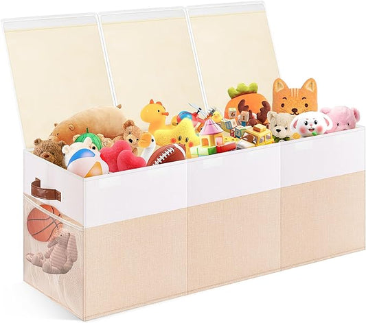 Extra Large Toy Storage Box with Lid, Collapsible Sturdy Toys Chest Storage Organizer Bin Basket with Divider for Kids, Boys, Girls, Closet, Playroom, Bedroom, Nursery, 40"X14"X16", Beige & White