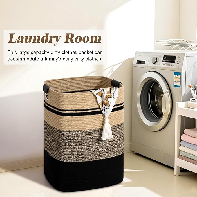 Laundry Hamper, 95L Tall Laundry Basket with Leather Handles, Rectangle Large Clothes Hamper for Organizing, Cotton Woven Laundry Baskets Storage Hampers for Bedroom, Nursery, Living Room