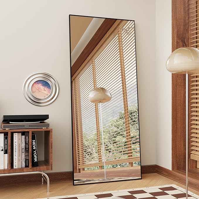 FANYUSHOW Full Length Mirror, Standing Hanging or Leaning Body Mirror, Simple Rectangle Design, Aluminum Alloy Thin Frame, Floor Mirror for Bedrooms, Bathrooms, Living Room 63"x18" (Black)