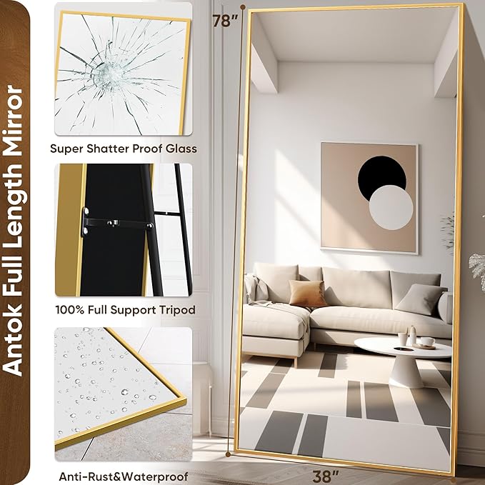 Antok Full Length Mirror, 78"x38" Floor Mirror with Stand, Hanging Mounted Mirrors for Bedroom, Living Room, Cloakroom, Dining Room, Gold, Rect