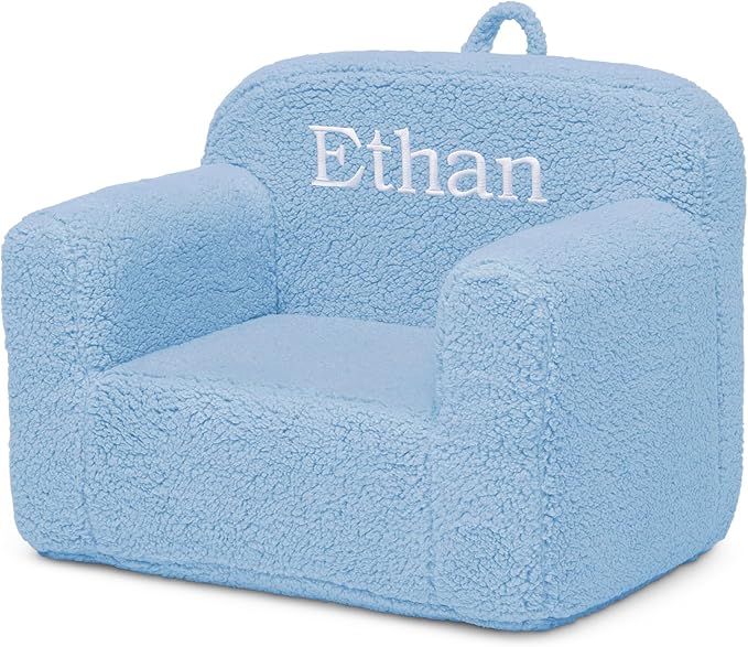 Delta Children Personalized Sherpa Cozee Chair - Customize with Name – Foam Kids Chair for Ages 18 Months and Up, Powder Blue