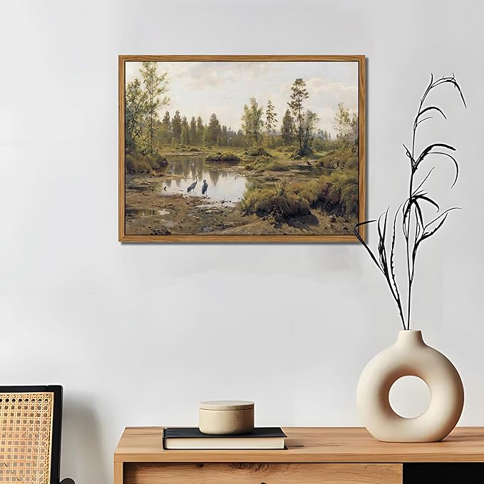 Floating Framed Canvas Wall Art Vintage Decor - Tranquil Marsh Landscape Wall Decor, Countryside Farmhouse Scenery Paintings Prints for Living Room Bedroom Office Decoration 8x10 inch