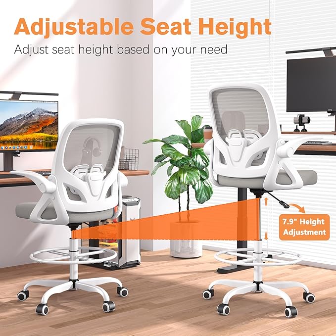 Tall Drafting Chair with Lumbar Support and Footrest Ring, Supportive Tall Extended Height Ergonomic Desk Chair for Home Work, Breathable Mesh Office Chair with Flip up Arms(Gray)