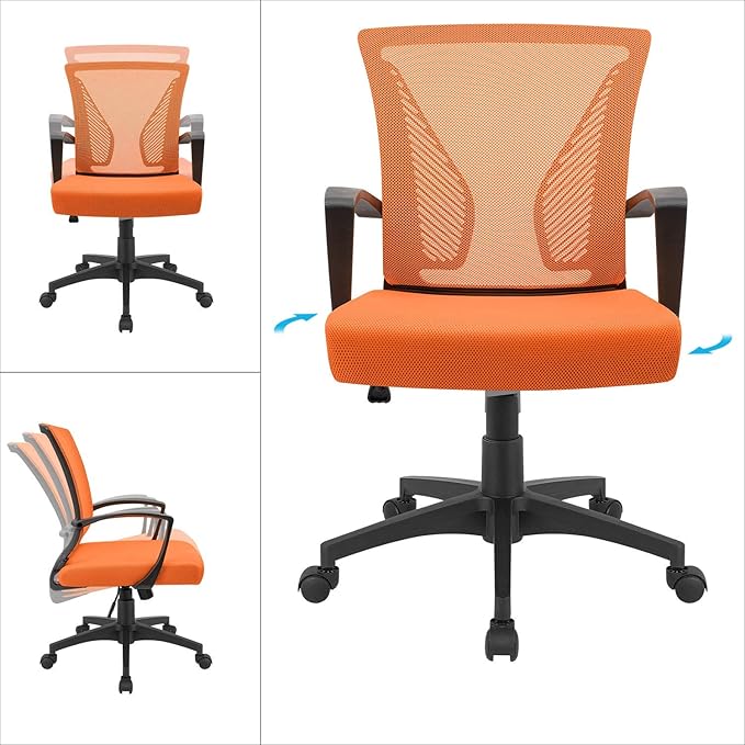 Furmax Office Chair Ergonomic Computer Desk Mesh Chair Mid Back Swivel Lumbar Support with Armrest (1, Orange)