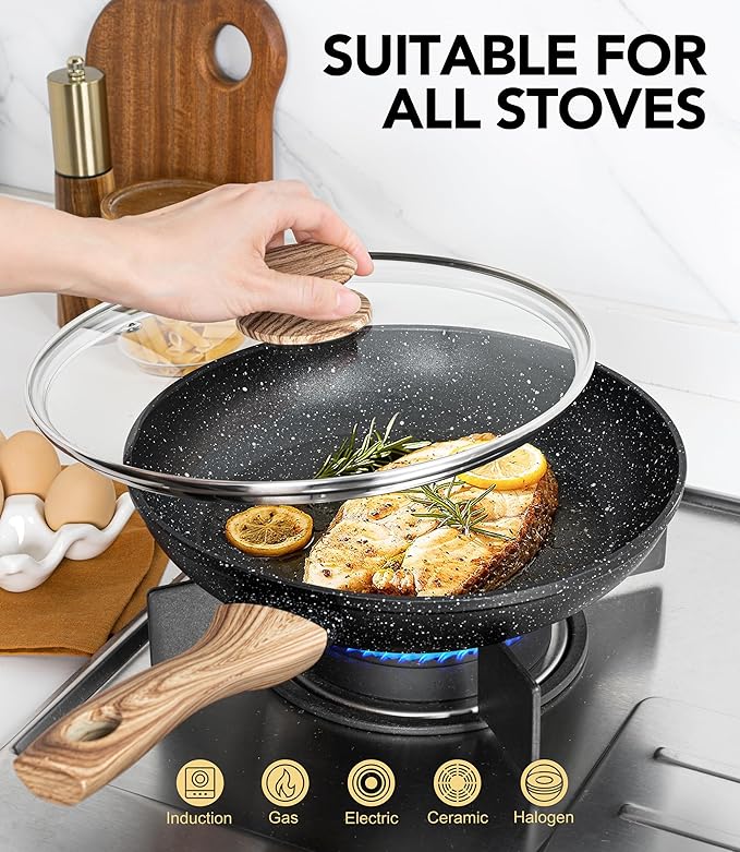 MICHELANGELO 10 Inch Frying Pan with Lid, Nonstick Frying Pan with Healthy Granite Coating, Nonstick Pan with Anti-Scald Handle, Induction Compatible