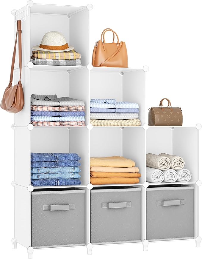 HOMIDEC Closet Organizers and Storage, 9 Cube Storage Organizer, Portable Closet Organizer Cubes Shelves for Clothes, Bedroom, Kids Room, Bathroom, Wardrobe, White