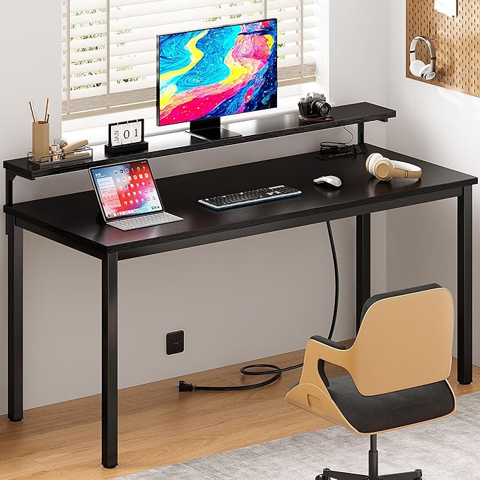 Need 60 inch Computer Desk with LED Lights & Power Outlets, Large Home Desk with Monitor Shelf, Writing Table Gaming Desk Home Office Desk, Black