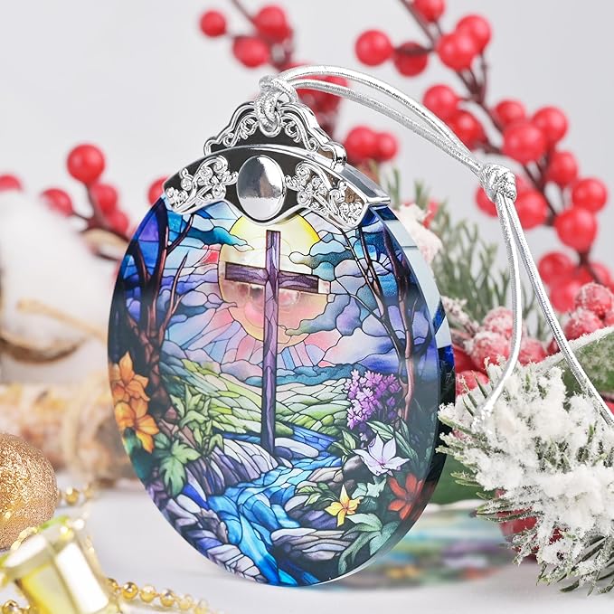Religious Christmas Ornament, Stained Glass Christian Ornament, Christmas Tree Ornaments, Christmas Decoration, Holiday Ornament, Cross Home Decor, Gift Exchange, Gift Idea - Cross and River