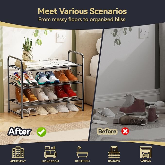 3-Tier 27” Wide Shoe Rack for Closet, Metal Stackable Shoe Shelf Organizer, Black
