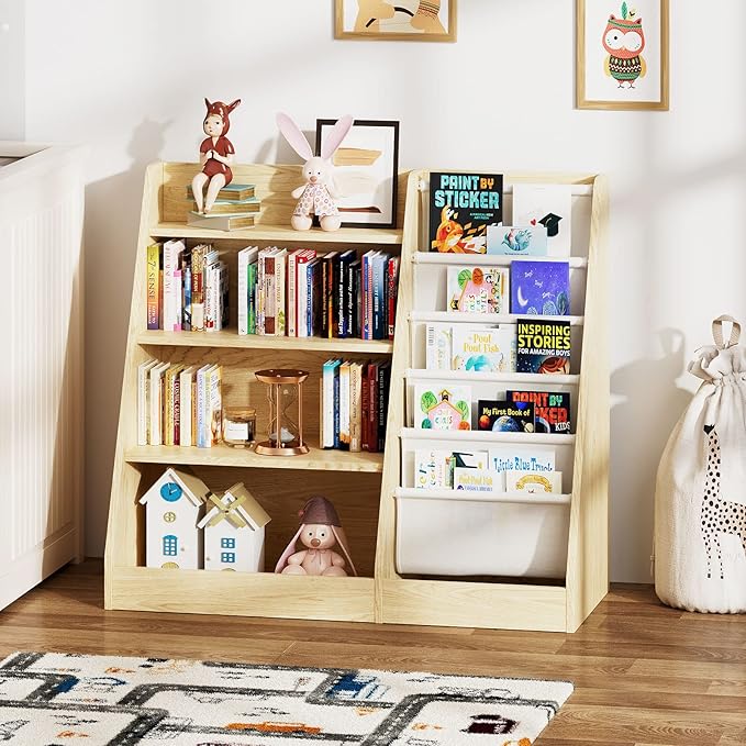 4 Tier Kids Wooden Bookshelf,Five Layer Sling Children Bookcase,Baby Storage Book Rack,Book and Toy Organizer Cabinet Chest,Book Display Shelf,Playroom Nursery Classroom Library