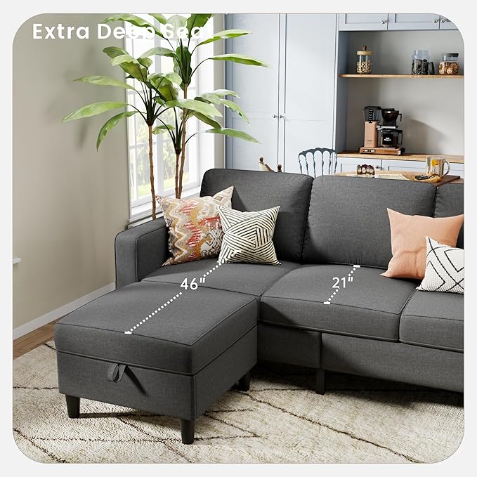 Sectional Sofa Couches for Living Room, Dark Grey 3 Seat L-Shaped Couch with Storage Ottoman, Comfy Linen Convertible Sectionals Sofas with Chaise for Apartment, Office, Small Space