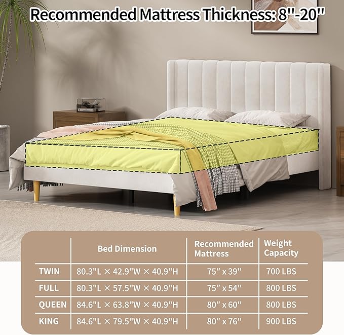 Queen Size Upholstered Platform Bed Frame with Modern Wingback & Vertical Panel Headboard, Velvet Fabric, Wooden Legs & Slats Support, No Box Spring Needed, Noise-Free & Easy Assembly, Cream
