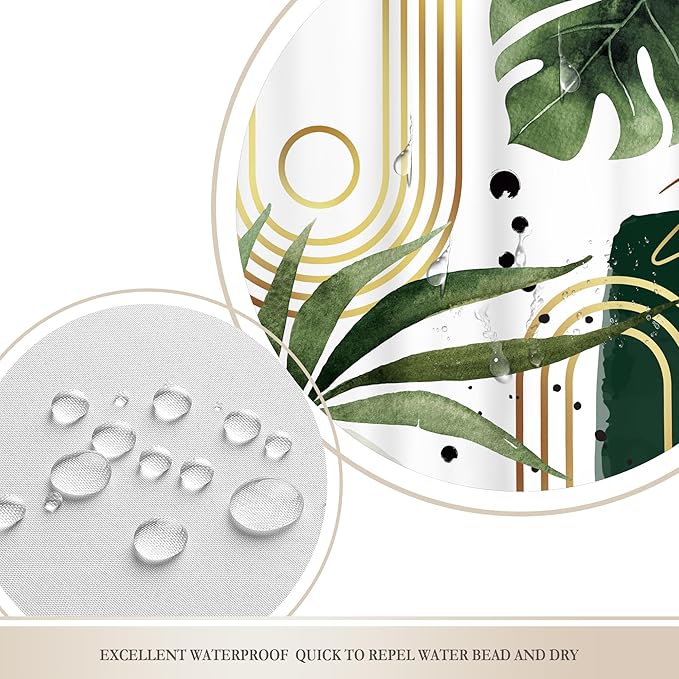 Glawry Green Gold Boho Mid Century Shower Curtain Extra Long Abstract Tropical Plant Minimalist Modern Geometric Bathroom Palm Leaf 72Wx84L Inches Bath Accessories Art Home Decor Fabric 12 Pack Hooks