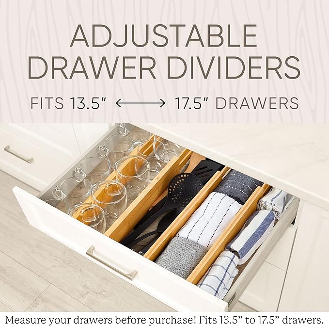 Night Tree Expandable Bamboo Drawer Dividers – Spring-Loaded Wooden Organizers for Clothes, Kitchen Utensils, Bathroom, and Dresser Drawers (13.5" to 17.5")