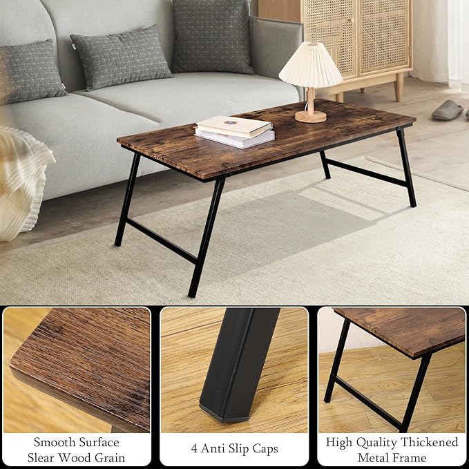 Folding Coffee Table Modern Industrial Center Table Wooden Rectangular Floor Table for Sitting on The Floor Portable Small Low Desk for Living Room Small Spaces