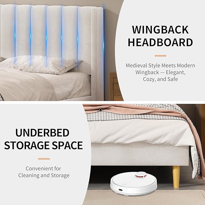 Twin Size Upholstered Platform Bed Frame with Modern Wingback & Vertical Panel Headboard, Velvet Fabric, Wooden Legs & Slats Support, No Box Spring Needed, Noise-Free & Easy Assembly, Cream