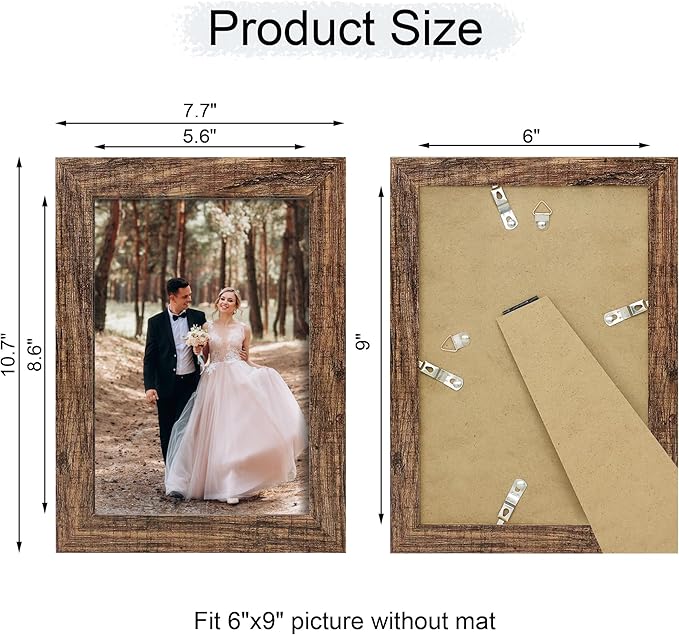 6x9 Picture Frame Set of 4, High Definition Real Glass Rustic Frame, 6 x 9 Photo Frames for Tabletop Display and Wall Mounting