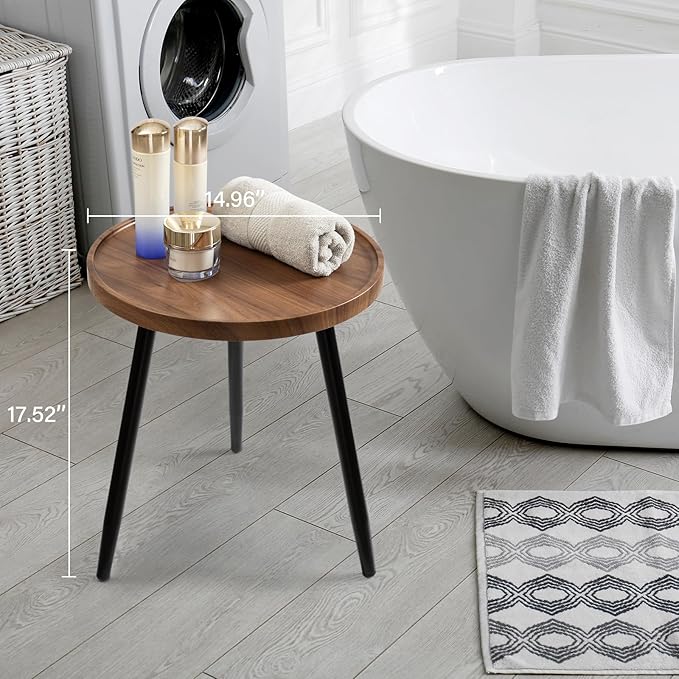 danpinera Round Side Table, Metal Legged Accent Table with Wooden Tray, Small Round End Table for Living Room, Bedroom, Nursery, Brown & Black
