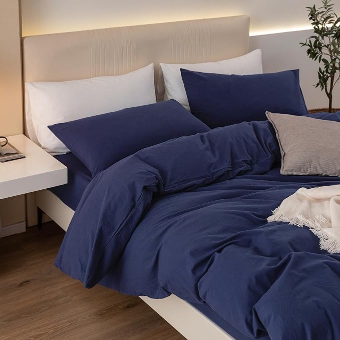 JIYUAN 100% Washed Cotton Duvet Cover Set 3 Pieces Queen, 1 Duvet Cover 90x90 Inches(Comforter Not Included) and 2 Pillowcases,Linen Feel Bedding Set Comfy and Breathable,Navy Blue
