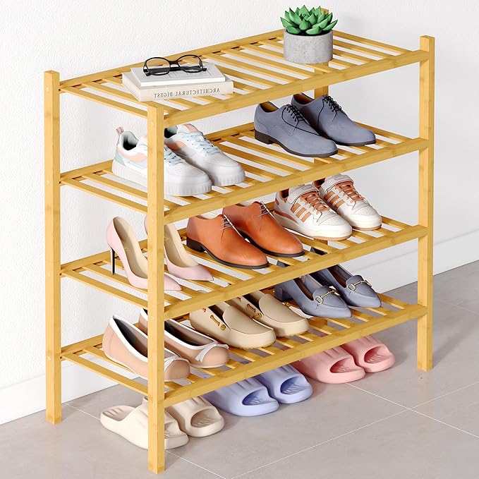 Smiry Bamboo Shoe Rack for Closet, 4 Tier Wooden Stackable Shoe Organizer, Free Standing Shoes Storage Shelf for Entryway, Front Door Entrance, Natural