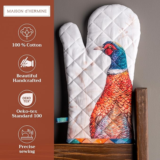 Maison d' Hermine Oven Gloves 100% Cotton Oven Mitt 7" x 13" with Loop Heat Resistant BBQ Cooking Gloves for Thanksgiving Christmas Decorations Baking Handling Hot Pans (Pack of 1, Faisan D'Automne)
