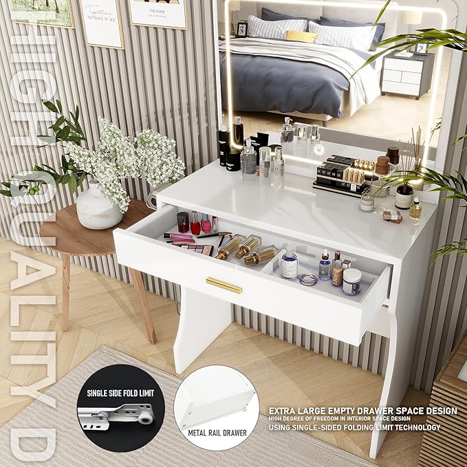 Vanity Desk, Makeup Vanity with LED Light Mirror, Small White Vanity with a Super Large Drawer and Power Outlet, 3 Color Lighting Modes Makeup Table for Bedroom, Dressing Room