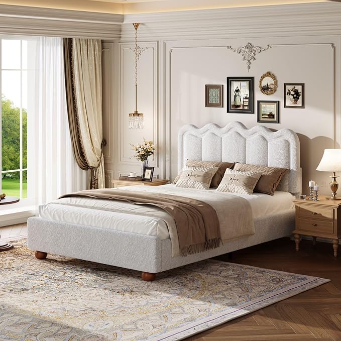 Full Size Bed Frame with Headboard, Boucle Bed Frame, Soft Upholstered Platform Cloud Bedframe with Footboard, Solid Wood Legs, Solid Wooden Slats Support, No Box Spring Required, Easy Assembly, Grey