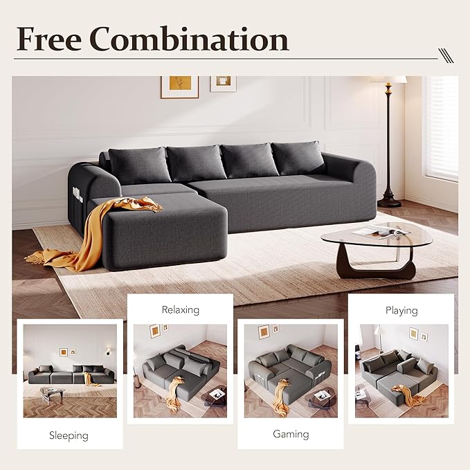 105.5” Cloud Boneless Sectional Sofa for Living Room, L-Shaped 4-Seater Modular Couch with Ottoman & 4 Pillows, Deep Seat Chenille Fabric Sofa, No Assembly, 72H Full Restore, Grey