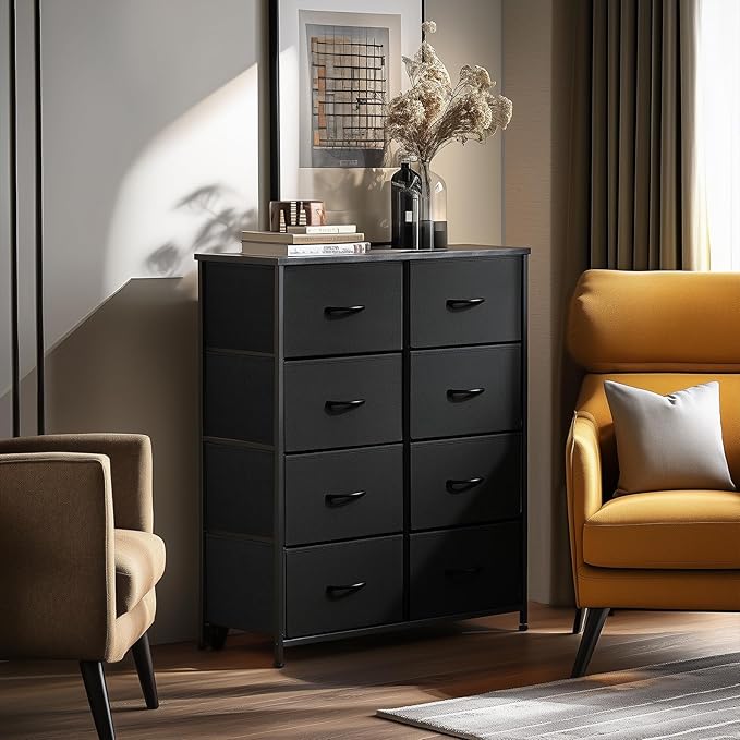 Sweetcrispy Dresser with 8 Drawers for Bedroom, Fabric Dresser Storage Tower, Chest of Drawers Organizer Unit, Storage Cabinet for Hallway, Closets, Steel Frame, Wood Top