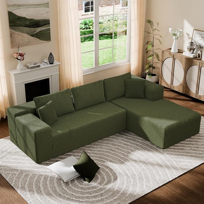 Cloud Wool Modular Sectional Sofa with Chaise, 106" L-Shaped Sofa Couch for Living Room, Deep Seat Plush Boneless Couches, Includes Pillows, Left Chaise, Green