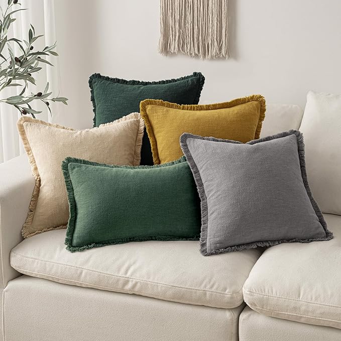 MIULEE Decorative Throw Pillow Covers Neutral Linen Fringe Throw Pillows Set of 2 Army Green Boho Farmhouse Cushion Covers with Tassels for Couch Sofa Bed Living Room Spring Home Decor 18x18 Inch