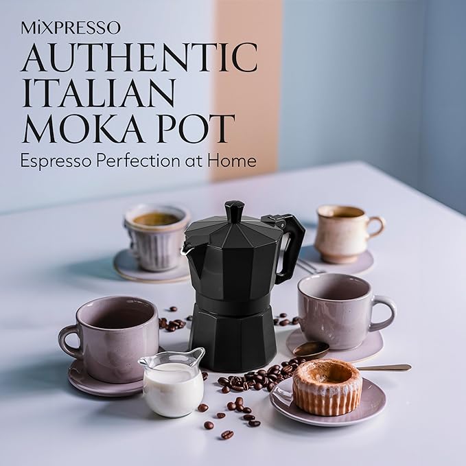 Mixpresso Black 3 Cup Moka Pot Cuban Coffee Maker, Moka Pot for Gas, Electric Stove Top, Classic Italian Coffee Maker, Stovetop Espresso Maker, Camping Pot Makes 3 Espresso Cup 5 Oz - Mug 4.4 Oz
