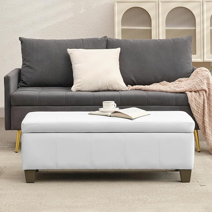 White Faux Leather Ottoman with Storage, Rectangular Extra Long Storage Bench for Bedroom and Living Room