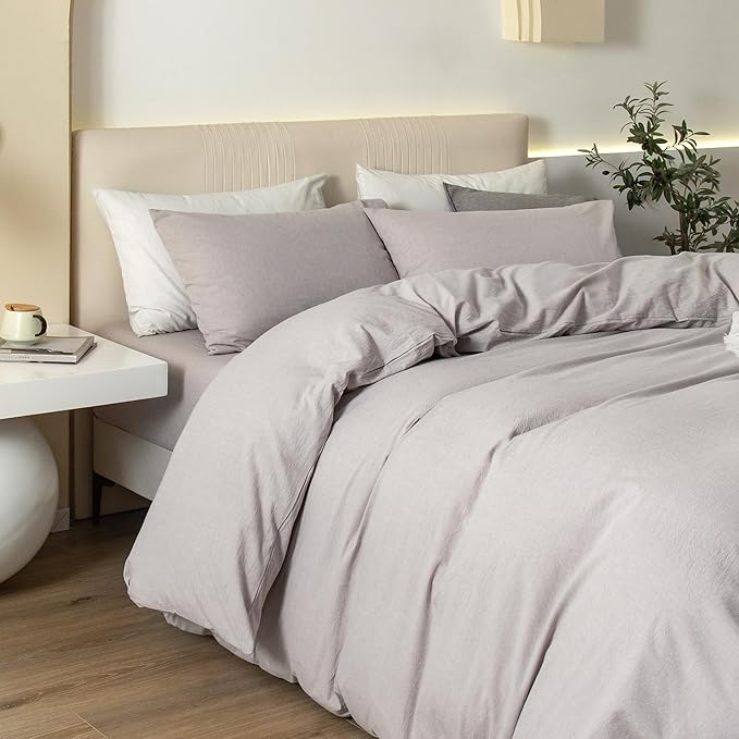 JIYUAN 100% Washed Cotton Duvet Cover Set 3 Pieces Full, 1 Duvet Cover 80x90 Inches(Comforter Not Included) and 2 Pillowcases,Linen Feel Bedding Set Comfy and Breathable, Heathered Linen